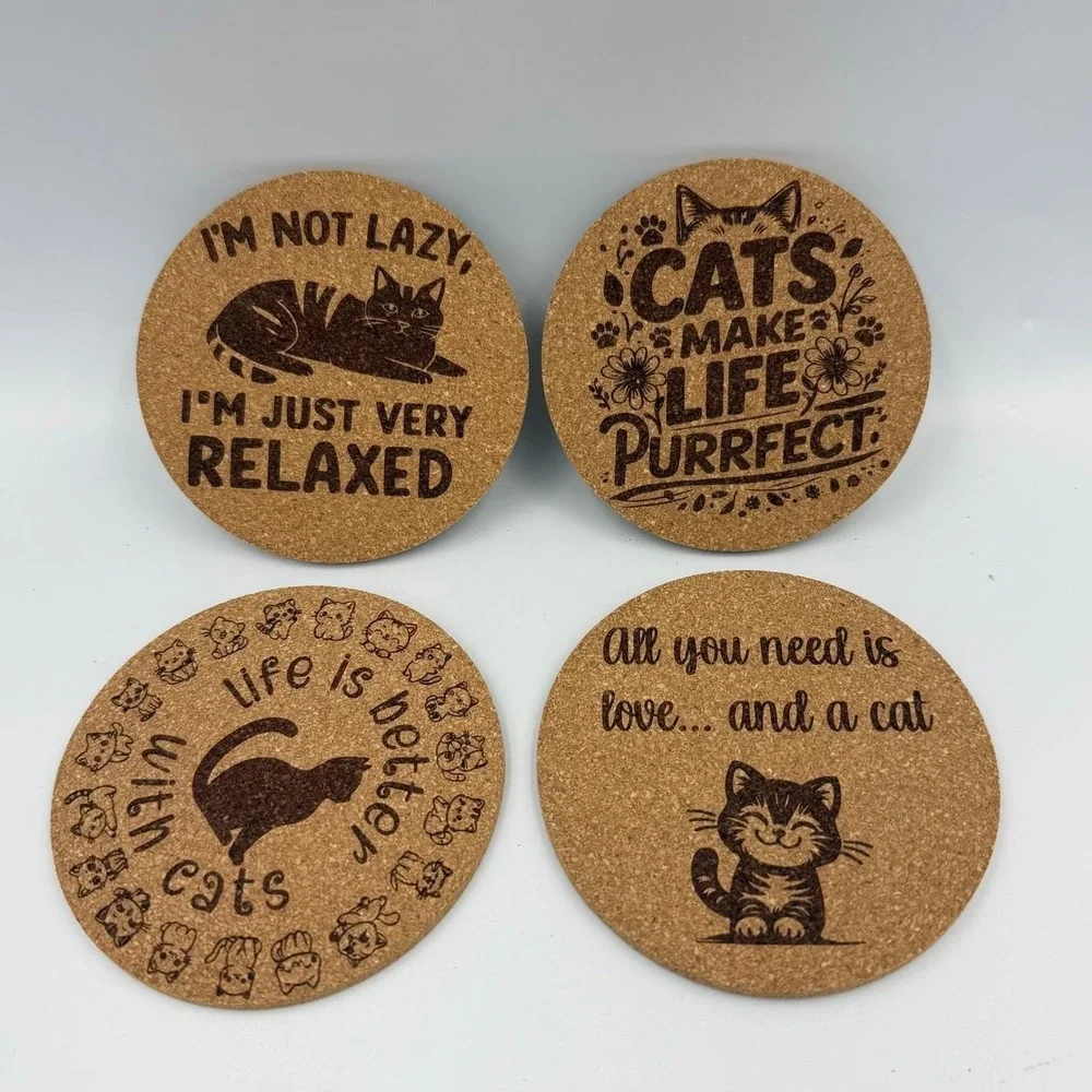Cat Lover Cork Coaster Set of 4 Funny Cat Quotes‎ Laser Engraved Drink Mats